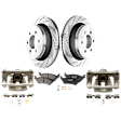 2-Wheel Set Rear Brake Kit With Calipers, Cross-drilled and Slotted 6 Lugs 348.23 mm Ceramic, Includes (2) Caliper, (2) Disc, and (1) Pad Set