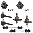 8-Piece Kit Front, Driver and Passenger Side, Upper and Lower Ball Joint, includes (4) Ball Joint, (2) Sway Bar Link, and (2) Tie Rod End