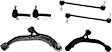 6-Piece Kit Front, Driver and Passenger Side, Lower, Outer Control Arm, includes (2) Control Arm, (2) Sway Bar Link, and (2) Tie Rod End