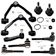 9-Piece Kit Front, Driver and Passenger Side, Upper and Lower, Inner and Outer Control Arm, includes (2) Ball Joint, (2) Control Arm, (1) Pitman Arm, and (4) Tie Rod End