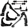 8-Piece Kit Front, Driver and Passenger Side, Upper and Lower Control Arm, includes (4) Control Arm, (2) Sway Bar Link, and (2) Tie Rod End