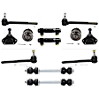 12-Piece Kit Front, Driver and Passenger Side, Upper and Lower Ball Joint, includes (4) Ball Joint, (2) Sway Bar Link, (2) Tie Rod Adjusting Sleeve, and (4) Tie Rod End