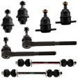 8-Piece Kit Front, Driver and Passenger Side, Upper or Front, Driver and Passenger Side, Lower Ball Joint, includes (4) Ball Joint, (2) Sway Bar Link, and (2) Tie Rod End