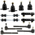 12-Piece Kit Front, Driver and Passenger Side, Upper or Front, Driver and Passenger Side, Lower Ball Joint, (4) Ball Joint, (2) Sway Bar Link, (2) Tie Rod Adjusting Sleeve, and (2) Tie Rod End