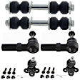 6-Piece Kit Front, Driver and Passenger Side, Lower Ball Joint, includes (2)Ball Joint, (2)Tie Rod End and (2)Sway Bar Link