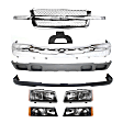 9-Piece Kit, Front Bumper, Chrome, Includes (1) Bumper, (1) Bumper Cover, (1) Grille, (2) Headlight, (1) License Plate Bracket, (2) Turn Signal Light, and (1) Valance