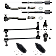 10-Piece Kit Front, Driver and Passenger Side, Upper and Lower Ball Joint, Press-In Type, includes (4) Ball Joint, (2) Sway Bar Link, (2) Tie Rod Adjusting Sleeve, and (2) Tie Rod End