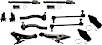 12-Piece Kit Front, Driver and Passenger Side, Inner and Outer, Lower Control Arm, includes (2) Ball Joint, (2) Control Arm, (2) Steering Rack Boot, (2) Sway Bar Link, and (4) Tie Rod End