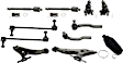 11-Piece Kit Front, Driver and Passenger Side, Inner and Outer, Lower Control Arm, includes (2) Ball Joint, (2) Control Arm, (1) Steering Rack Boot, (2) Sway Bar Link, and (4) Tie Rod End