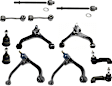 12-Piece Kit Front, Driver and Passenger Side, Lower, Inner and Outer Control Arm, includes (2) Ball Joint, (4) Control Arm, (2) Sway Bar Link, and (4) Tie Rod End