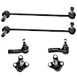 6-Piece Kit Front, Driver and Passenger Side, Lower Ball Joint, includes (2)Ball Joint, (2)Tie Rod End and (2)Sway Bar Link