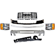 7-Piece Kit, Bumper, Chrome, Includes (1) Bumper, (1) Bumper Cover, (1) Grille Assembly, (2) Headlight, (1) Hood Molding, and (1) Valance