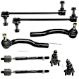 8-Piece Kit Front, Driver and Passenger Side, Lower, Outer Ball Joint, includes (2) Ball Joint, (2) Sway Bar Link, and (2) Tie Rod End
