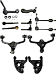 12-Piece Kit Front, Driver and Passenger Side, Upper and Lower Control Arm Kit, Includes (4) Control Arm, (1) Idler Arm, (1) Pitman Arm, (2) Sway Bar Link and (4) Tie Rod End