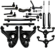 16-Piece Front and Lower Control Arm Kit Includes (4) Control Arm, (1) Idler Arm, (1) Pitman Arm, (2) Tie Rod Adjusting Sleeve, (4) Tie Rod End, (2) Sway Bar Link and (2) Shock and Strut