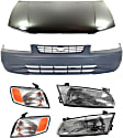 1997-1999 Toyota Camry - 6-Piece Kit Factory Style Hood, USA Built Vehicle, Steel, Primed, Includes (1) Bumper Cover, (2) Corner Light, (2) Headlight, and (1) Hood