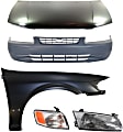 5-Piece Kit Factory Style Hood, USA Built Vehicle, Steel, Primed, Includes (1) Bumper Cover, (1) Corner Light, (1) Fender, (1) Headlight, and (1) Hood