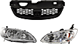 2004-2005 Honda Civic - 3-Piece Kit Driver and Passenger Side Halogen Headlight, Without bulb(s), Coupe, OE Replacement, Includes (1) Grille Assembly and (2) Headlight