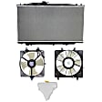4-Piece Kit Radiator and A/C Condenser Fan Driver and Passenger Side, 6 Cyl 3.0L, Coupe/Sedan, Single fan, Includes (1) Radiator, (2) Cooling Fan Assembly, and (1) Coolant Reservoir