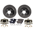 2-Wheel Set Rear Brake Kit With Calipers, Cross-drilled and Slotted 5 Lugs 302.01 mm Ceramic, Includes (2) Brake Caliper, (2) Brake Disc and (1) Brake Pad Set
