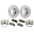 2-Wheel Set Front Brake Kit With Calipers, Cross-drilled and Slotted 5 Lugs 321 mm Ceramic, Includes (2) Brake Caliper, (2) Brake Disc and (1) Brake Pad Set