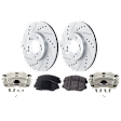 2-Wheel Set Front Brake Kit With Calipers, Cross-drilled and Slotted 5 Lugs Ceramic FWD, Includes (2) Caliper, (2) Disc, and (1) Pad Set