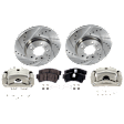 2-Wheel Set Front Brake Kit With Calipers, Cross-drilled and Slotted 5 Lugs 299 mm Ceramic, Includes (2) Brake Caliper, (1) Brake Pad Set and (2) Brake Disc