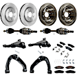 14-Piece Kit Front, Driver and Passenger Side Axle Assembly, includes (2) Axle Assembly, (4) Brake Disc, (2) Brake Pad Set, and (4) Control Arm