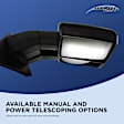 Passenger Side Towing Mirror, Upper - Power , Lower - Manual Adjust, Heated Upper Glass, Non-Heated Lower Glass, Manual Folding, Textured Black, No Memory, No Blind Spot Feature