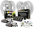 K15467DK-26 4-Wheel Set Front and Rear Brake Disc and Pad Kit, Cross-drilled and Slotted 5 Lugs 293.88 mm Carbon Fiber Ceramic Includes (1) Disc and Pad Kit and (1) Drum and Shoe Kit