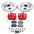 KC1058 2-Wheel Set Front Brake Kit With Calipers, Cross-drilled and Slotted 5 Lugs 274.5 mm Red Powdercoat Caliper, Carbon Fiber Ceramic, Includes (1) Disc and Pad Kit and (1) Caliper