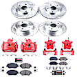 KC1065 2-Wheel Set Front and Rear Brake Kit With Calipers, Cross-drilled and Slotted 5 Lugs 269 mm Red Powdercoat Caliper, Carbon Fiber Ceramic, Includes (2) Disc and Pad Kit and (2) Caliper
