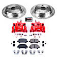 KC1083A 2-Wheel Set Rear Brake Kit With Calipers, Cross-drilled and Slotted 5 Lugs 269 mm Red Powdercoat Caliper, Carbon Fiber Ceramic, Includes (1) Disc and Pad Kit and (1) Caliper