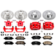 KC1122 2-Wheel Set Front and Rear Brake Kit With Calipers, Cross-drilled and Slotted 5 Lugs 266 mm Red Powdercoat Caliper, Carbon Fiber Ceramic, Includes (2) Disc and Pad Kit and (2) Caliper