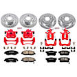 KC1240A 2-Wheel Set Front and Rear Brake Kit With Calipers, Cross-drilled and Slotted 4 Lugs 259 mm Red Powdercoat Caliper, Carbon Fiber Ceramic, Includes (2) Disc and Pad Kit and (2) Caliper