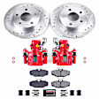 KC1298 2-Wheel Set Rear Brake Kit With Calipers, Cross-drilled and Slotted 5 Lugs 256 mm Red Powdercoat Caliper, Carbon Fiber Ceramic, Includes (1) Disc and Pad Kit and (1) Caliper