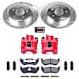KC1331 2-Wheel Set Rear Brake Kit With Calipers, Cross-drilled and Slotted 5 Lugs 285 mm Red Powdercoat Caliper, Carbon Fiber Ceramic, Includes (1) Disc and Pad Kit and (1) Caliper