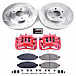 KC1364 2-Wheel Set Front Brake Kit With Calipers, Cross-drilled and Slotted 5 Lugs 305.1 mm Red Powdercoat Caliper, Carbon Fiber Ceramic, Includes (1) Disc and Pad Kit and (1) Caliper