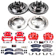 KC1393 2-Wheel Set Front and Rear Brake Kit With Calipers, Cross-drilled and Slotted 8 Lugs 326 mm Red Powdercoat Caliper, Carbon Fiber Ceramic, RWD, Includes (2) Disc and Pad Kit and (2) Caliper