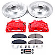 KC1419 2-Wheel Set Front Brake Kit With Calipers, Cross-drilled and Slotted 5 Lugs 302.8 mm Red Powdercoat Caliper, Carbon Fiber Ceramic, Includes (1) Disc and Pad Kit and (1) Caliper