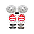 KC142 2-Wheel Set Front Brake Kit With Calipers, Cross-drilled and Slotted 6 Lugs 296 mm Red Powdercoat Caliper, Carbon Fiber Ceramic, Includes (1) Disc and Pad Kit and (1) Caliper