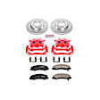 KC1437 2-Wheel Set Front Brake Kit With Calipers, Cross-drilled and Slotted 5 Lugs 303 mm Red Powdercoat Caliper, Carbon Fiber Ceramic, Includes (1) Disc and Pad Kit and (1) Caliper