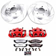 KC1441-36 2-Wheel Set Front Brake Kit With Calipers, Cross-drilled and Slotted 5 Lugs 305 mm Red Powdercoat Caliper, Carbon Fiber Ceramic, Includes (1) Disc and Pad Kit and (1) Caliper