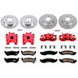 KC1443 2-Wheel Set Front and Rear Brake Kit With Calipers, Cross-drilled and Slotted 5 Lugs 301 mm Red Powdercoat Caliper, Carbon Fiber Ceramic, Includes (2) Disc and Pad Kit and (2) Caliper