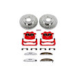 KC1547-26 2-Wheel Set Front Brake Kit With Calipers, Cross-drilled and Slotted 5 Lugs 303 mm Red Powdercoat Caliper, Carbon Fiber Ceramic, Includes (1) Disc and Pad Kit and (1) Caliper
