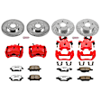 KC1618-26 2-Wheel Set Front and Rear Brake Kit With Calipers, Cross-drilled and Slotted 5 Lugs 270 mm Red Powdercoat Caliper, Carbon Fiber Ceramic, Includes (2) Disc and Pad Kit and (2) Caliper