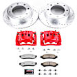 KC1798-36 2-Wheel Set Rear Brake Kit With Calipers, Cross-drilled and Slotted 8 Lugs 340 mm Red Powdercoat Caliper, Carbon Fiber Ceramic, Includes (1) Disc and Pad Kit and (1) Caliper
