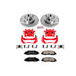 KC1865 2-Wheel Set Front Brake Kit With Calipers, Cross-drilled and Slotted 5 Lugs 308 mm Red Powdercoat Caliper, Carbon Fiber Ceramic, RWD, Includes (1) Disc and Pad Kit and (1) Caliper