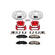 KC1866A 2-Wheel Set Front Brake Kit With Calipers, Cross-drilled and Slotted 5 Lugs 308 mm Red Powdercoat Caliper, Carbon Fiber Ceramic, 4WD, Includes (1) Disc and Pad Kit and (1) Caliper