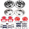 KC1894A 2-Wheel Set Front and Rear Brake Kit With Calipers, Cross-drilled and Slotted 8 Lugs 326 mm Red Powdercoat Caliper, Carbon Fiber Ceramic, RWD, Includes (2) Disc and Pad Kit and (2) Caliper